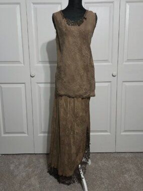 Pat Dahnke Vintage 2pc Set Maxi Skirt Blouse Floral Damask Crochet Lace Brown M